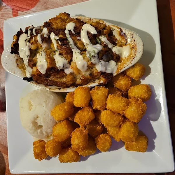Baked casserole with white sauce and herbs, served with tater tots and mashed potatoes.
